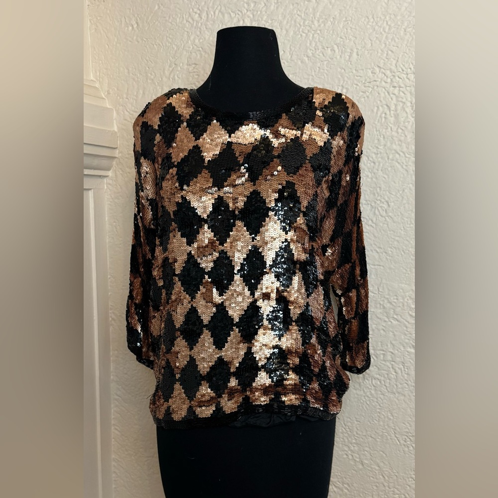 Carolyne Barton Night 80s vintage blouse/top harlequin pattern black and gold